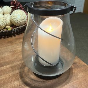 Large glass and metal decorative candle holder with handle